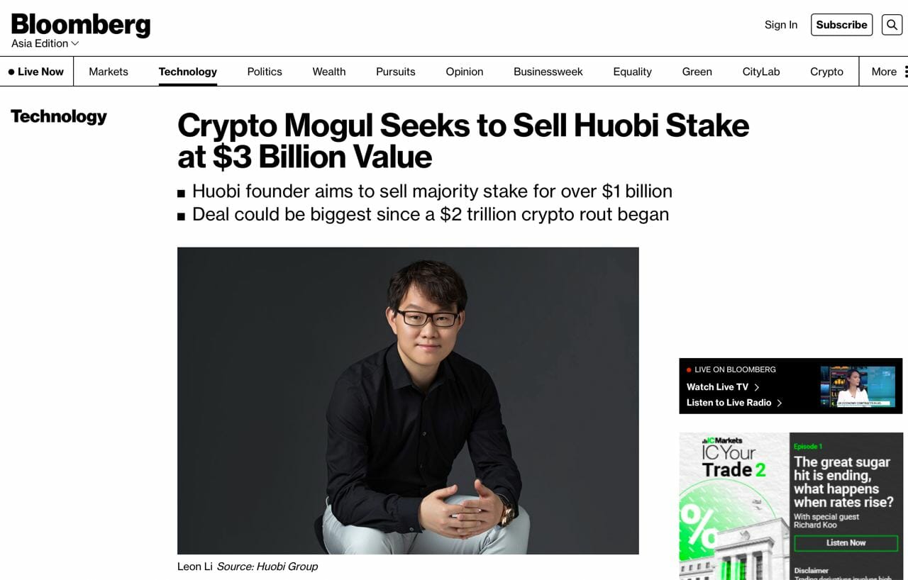 Founder sàn Huobi có ý định bán cổ phần của mình
